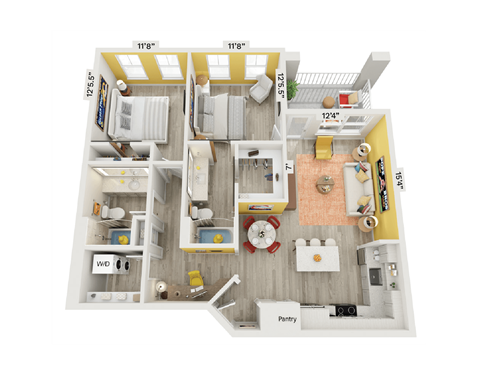 Floor plan for 2 beds, 2 baths, 1048 sqft